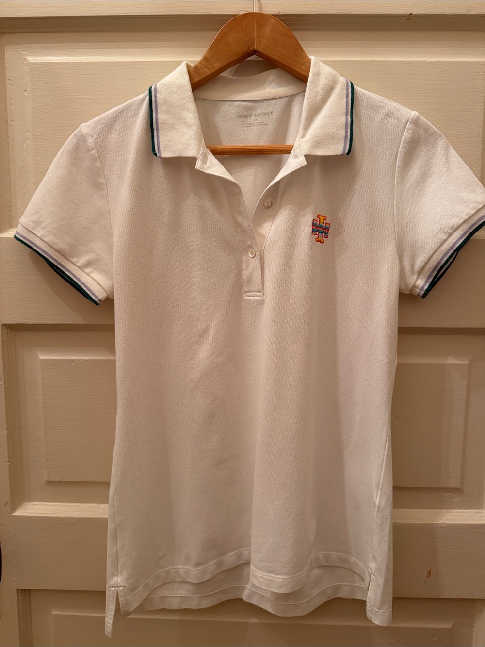 Tory Sport White Polo with lavender & Green Trim